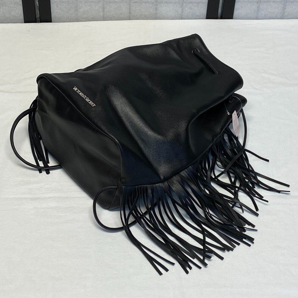 Victoria’s Secret Black Fringe Faux Leather Backpack Tote NWT Slide Closure Bag - Picture 8 of 15